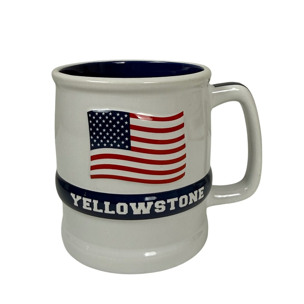 Yellowstone Coffee Mug Cup White Navy Blue American Flag Stars 12 Oz